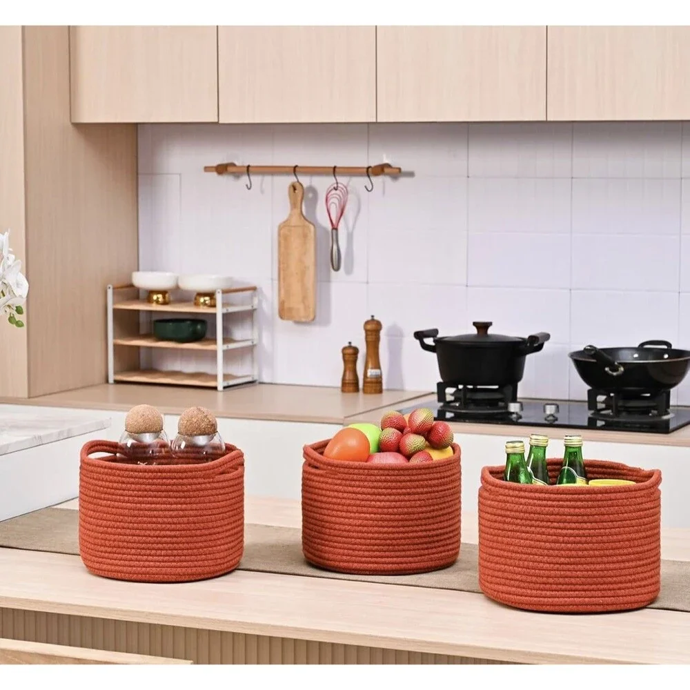 Small Brick Red Woven Storage Baskets Organizer Bins 9.7x9.7x7 Inch 3 Pack